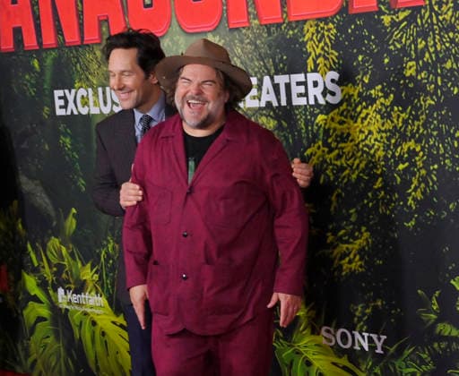 Cast members Paul Rudd (L) and Jack Black attend the world premiere of the motion picture horror comedy Anaconda at the United Theater in Los Angeles on Saturday, December 13, 2025. Storyline: A group of friends are going through a mid-life crisis. They decide to remake a favorite movie from their youth but encounter unexpected events when they enter the jungle.  LAP2025121379 JIMxRUYMEN