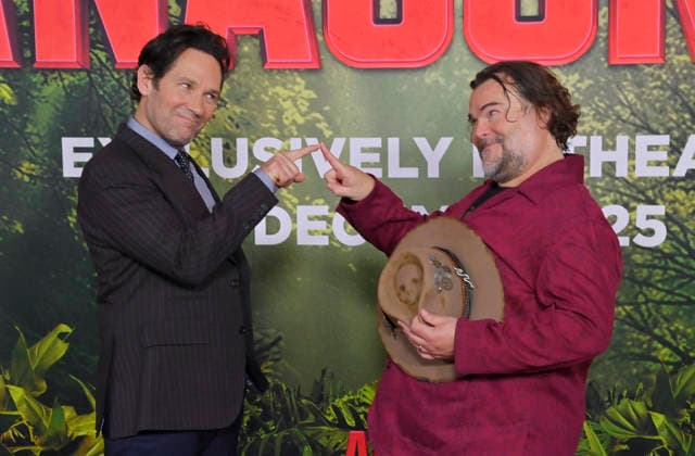 Cast members Paul Rudd (L) and Jack Black attend the world premiere of the motion picture horror comedy Anaconda at the United Theater in Los Angeles on Saturday, December 13, 2025. Storyline: A group of friends are going through a mid-life crisis. They decide to remake a favorite movie from their youth but encounter unexpected events when they enter the jungle.  LAP2025121380 JIMxRUYMEN