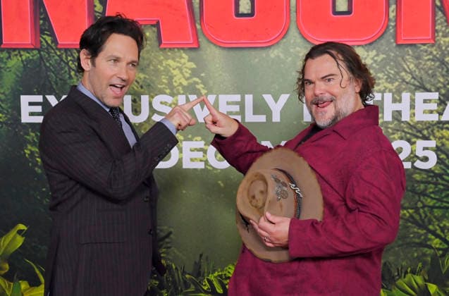 Cast members Paul Rudd (L) and Jack Black attend the world premiere of the motion picture horror comedy Anaconda at the United Theater in Los Angeles on Saturday, December 13, 2025. Storyline: A group of friends are going through a mid-life crisis. They decide to remake a favorite movie from their youth but encounter unexpected events when they enter the jungle.  LAP2025121382 JIMxRUYMEN