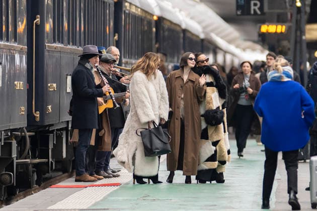 Emily in Paris cast - Paris Philippine Leroy Beaulieu, Lily Collins and Ashley Park arrive at Gare d’Austerlitz by the Orient Express in Paris, on December 14, 2025. Photo by Eliot Blondet ABACAPRES.COM Paris France France  Copyright: xBlondetxEliot ABACAx