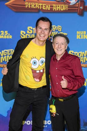 ABBberlin Malte Arkona and Santiago Ziesmer German dubbing voice guest on the yellow carpet at the German premiere of SPONGEBOB SCHWAMMKOPF PIRATEN AHOI at the cinema in the Kulturbrauerei on 14 12 2025 Berlin Germany