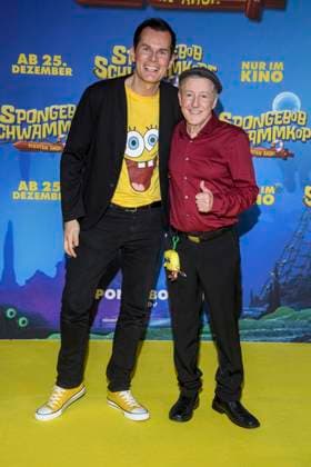 ABBberlin Malte Arkona and Santiago Ziesmer German dubbing voice guest on the yellow carpet at the German premiere of SPONGEBOB SCHWAMMKOPF PIRATEN AHOI at the cinema in the Kulturbrauerei on 14 12 2025 Berlin Germany