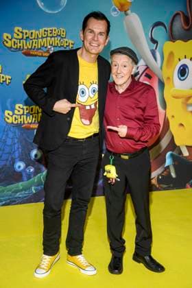 ABBberlin Malte Arkona and Santiago Ziesmer German dubbing voice guest on the yellow carpet at the German premiere of SPONGEBOB SCHWAMMKOPF PIRATEN AHOI at the cinema in the Kulturbrauerei on 14 12 2025 Berlin Germany