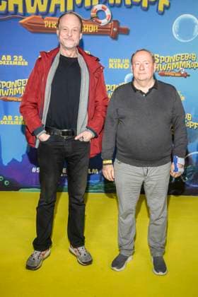 ABBberlin Peter Flechtner and Sven Plate as guests on the yellow carpet at the German premiere of SPONGEBOB SCHWAMMKOPF PIRATEN AHOI at the cinema in the Kulturbrauerei on 14 12 2025 Berlin Germany