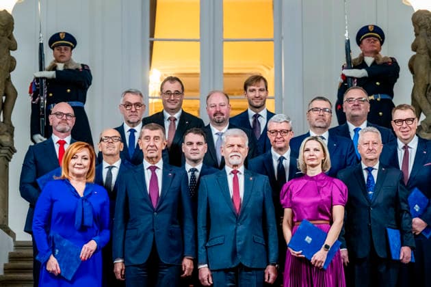 A joint picture of the new government of Prime Minister Andrej Babis (ANO), consisting of representatives of the ANO movement, the SPD and the Motorists, after its appointment by the President of Czech Republic, at Prague Castle, Czech Republic, on December 15, 2025. From left: Minister of Education, Youth and Sports Robert Plaga (ANO), Minister of Finance Alena Schillerova (ANO), Minister of Culture Oto Klempir (for Motorists), Minister of the Interior Lubomir Metnar (ANO), Prime Minister Andrej Babis (ANO), Minister of Sport, Prevention and Health Boris Stastny (Motorists), Minister of Foreign Affairs Petr Macinka (Motorists), Minister of Justice Jeronym Tejc (for ANO), President Petr Pavel, Health Minister Adam Vojtech (ANO), Industry an  CTKPhotoP2025121502589