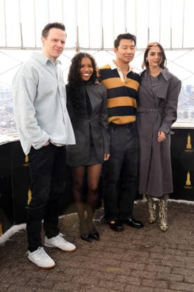 NEW YORK, NY- DECEMBER 15: Mark O™Brien, Sinclair Daniel, Simu Liu and Melissa Barrera pictured as the cast of Peacock™s upcoming espionage thriller series, The Copenhagen Test visit the Empire State Building Observatory ahead of it™s December 27th premiere in New York City on December 15, 2025. Copyright: xMediaPunchx