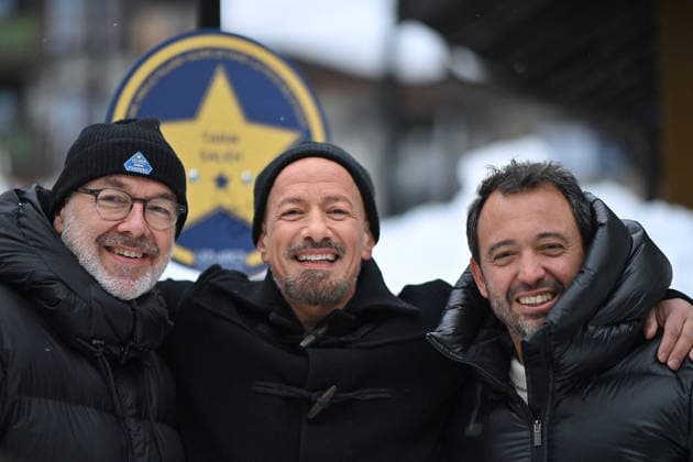 Les Arcs Film Festival - Day Four. FC LES ARCS, FRANCE - DECEMBER 16: Guillaume Calop, Tarik Saleh and Pierre-Emmanuel Fleurantin attend his Slope Of Fame sign unveiling during Day Four of Les Arcs Film Festival on December 16, 2025 in Les Arcs, France. Photo by Franck Castel ABACAPRESS.COM Les Arcs France  Copyright: xCastelxFranck ABACAx