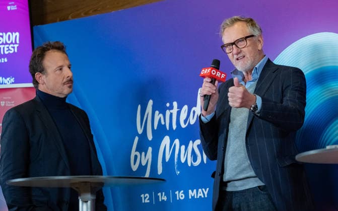 20251216 Eurovision Song Contest 2026 - ORF-Medienupdate WIEN, OESTERREICH - 16. DEZEMBER: ORF Executive Producer des Song Contest 2026 Michael Kroen und ORF Art Direktor Michael Hajek waehrend des Mediengespraechs anlaesslich eines ORF Updates zum 70. ESC - Eurovision Song Contest vom 12. bis zum 16. Mai 2026 in Wien im Foyer der Halle F der Wiener Stadthalle am 16. Dezember 2025 in Wien, Oesterreich. 251216_SEPA_17_026 Copyright: xIsabellexOuvrardx SEPAxMedia
