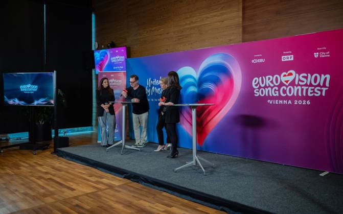 20251216 Eurovision Song Contest 2026 - ORF-Medienupdate WIEN, OESTERREICH - 16. DEZEMBER: Musikproduzentin, Tonmeisterin, Komponistin und Song-Contest-musikalische Gestalterin Dorothee Freiberger, Designer, Creative Producer, Fernsehproduzent und Song-Contest-Buehne Gestalter Florian Wieder, ORF Fernseh-Programmdirektorin Stefanie Groiss-Horowitz und Politikjournalistin, ORF TV-Moderatorin, Vorsitzende des Frauennetzwerk Medien und Host der Veransaltung Alexandra Maritza Wachter waehrend des Mediengespraechs anlaesslich eines ORF Updates zum 70. ESC - Eurovision Song Contest vom 12. bis zum 16. Mai 2026 in Wien im Foyer der Halle F der Wiener Stadthalle am 16. Dezember 2025 in Wien, Oesterreich. 251216_SEPA_17_031 Copyright: xIsabellexOuvrardx SEPAxMedia