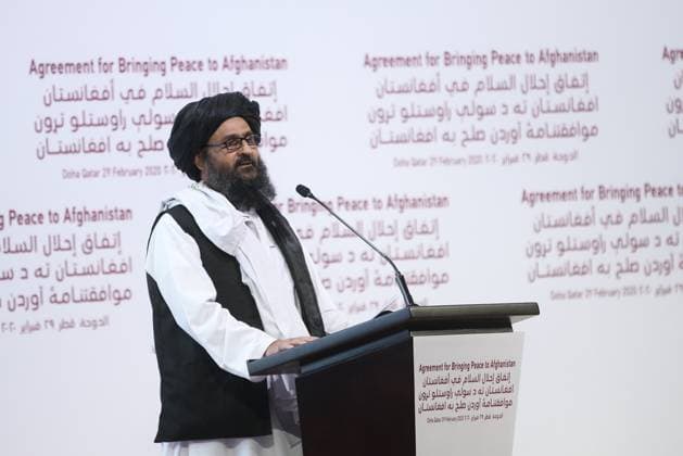 Taliban and US sign landmark peace deal in Doha, Qatar QATAR, DOHA - FEBRUARY 29: Taliban co-founder and deputy chief Mullah Abdul Ghani Baradar makes a speech during signing ceremony of peace agreement between US, Taliban, in Doha, Qatar on February 29, 2020. US to reduce number of troops in Afghanistan to 8,600, to implement other commitments in US-Taliban agreement within 135 days. Doha Qatar. Editorial use only. Please get in touch for any other usage.  Copyright: x2025xAnadoluxFatihxAktaÅüx