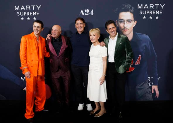 Timothée Chalamet, Kevin O Leary, Mark Cuban, Barbara Corcoran and Daniel Lubetzky arrive on the red carpet for A24 s Marty Supreme New York Premiere on Tuesday, December 16, 2025 in New York City.  NYP20251216125 JohnxAngelillo