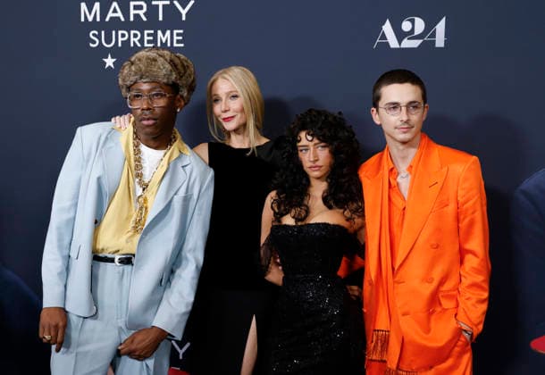 Tyler, Gwyneth Paltrow, Odessa A zion and Timothée Chalamet arrive on the red carpet for A24 s Marty Supreme New York Premiere on Tuesday, December 16, 2025 in New York City.  NYP20251216144 JohnxAngelillo
