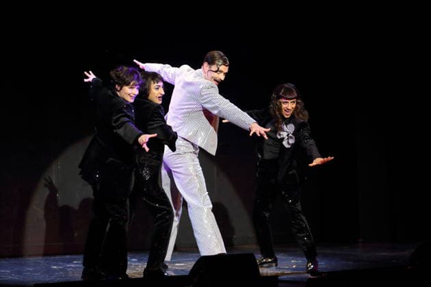 Jasna Fritzi Bauer, Nairi Hadodo, Lindy Larsson and Sesede Terziyan, from left, during the photo rehearsal for East Side Story A German Jewsical at the Maxim Gorki Theater in Berlin, 16 December 2025 By Juri Sternburg Directed by Lena Brasch Composition Paul Eisenach Stage Studio Dietrich Winter Costumes Eleonore Carriere Prem