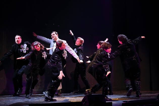 Fridolin Sandmeyer, Sesede Terziyan, Lindy Larsson, Anastasia Gubareva, Klara Deutschmann, Nairi Hadodo, Jasna Fritzi Bauer and Edgar Eckert, from l , during the photo rehearsal for East Side Story A German Jewsical at the Maxim Gorki Theater in Berlin, 1