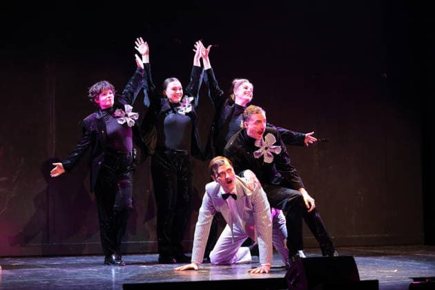 Jasna Fritzi Bauer, Anastasia Gubareva and Klara Deutschmann, back f l , and front f l Lindy Larsson and Fridolin Sandmeyer during the photo rehearsal for East Side Story A German Jewsical at the Maxim Gorki Theater in Berlin, 16 December 2025 By Juri Sternburg Directed by L
