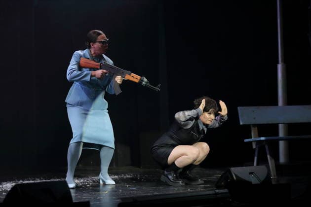 Anastasia Gubareva and Jasna Fritzi Bauer, from left, during the photo rehearsal for East Side Story A German Jewsical at the Maxim Gorki Theater in Berlin, 16 December 2025 By Juri Sternburg Directed by Lena Brasch Composition Paul Eisenach Stage Studio Dietrich Winter Costumes Eleonore Carriere Premiere is on 18 December 2025 Maxim Gorki Theater Berl