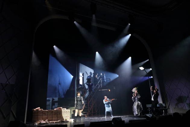 Jasna Fritzi Bauer, Anastasia Gubareva, Klara Deutschmann and Edgar Eckert, front from l , during the photo rehearsal for East Side Story A German Jewsical at the Maxim Gorki Theater in Berlin, 16 December 2025 By Juri Sternburg Directed by Lena Brasch Composition Paul Eisenach Stage Studio Dietrich Winter Costumes