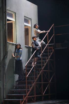 Sesede Terziyan, Jasna Fritzi Bauer and Nairi Hadodo, from left, during the photo rehearsal for East Side Story A German Jewsical at the Maxim Gorki Theater in Berlin, 16 December 2025 By Juri Sternburg Directed by Lena Brasch Composition Paul Eisenach Stage Studio Dietrich Winter Costumes Eleonore Carriere Premiere is on 18 December 2025 Ma