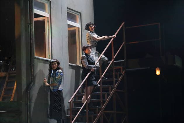 Sesede Terziyan, Jasna Fritzi Bauer and Nairi Hadodo, from left, during the photo rehearsal for East Side Story A German Jewsical at the Maxim Gorki Theater in Berlin, 16 December 2025 By Juri Sternburg Directed by Lena Brasch Composition Paul Eisenach Stage Studio Dietrich Winter Costumes Eleonore Carriere Premiere is on 18 December 2025 Ma