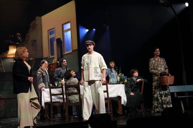 Klara Deutschmann, Anastasia Gubareva, Edgar Eckert, Nairi Hadodo, Fridolin Sandmeyer, Sesede Terziyan, Jasna Fritzi Bauer and Lindy Larsson, from left, during the photo rehearsal for East Side Story A German Jewsical at the Maxim Gorki Theater in Berlin,