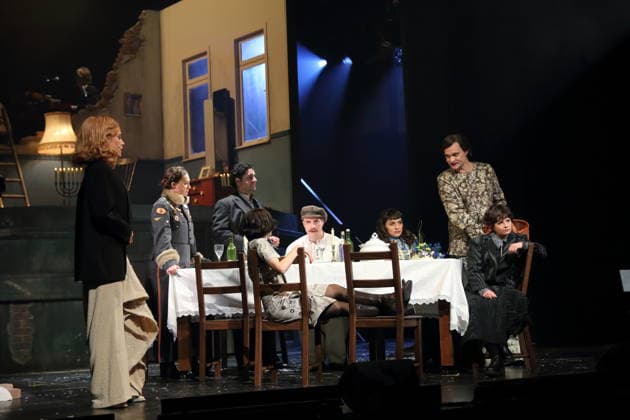 Klara Deutschmann, Anastasia Gubareva, Edgar Eckert, Nairi Hadodo, Fridolin Sandmeyer, Sesede Terziyan, Lindy Larsson and Jasna Fritzi Bauer, from left, during the photo rehearsal for East Side Story A German Jewsical at the Maxim Gorki Theater in Berlin,