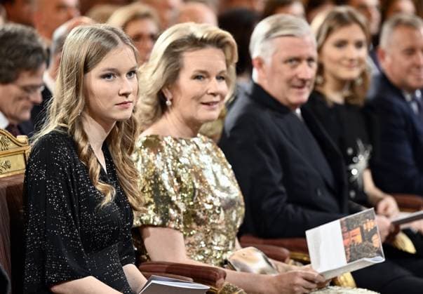 Princess Eleonore, Queen Mathilde of Belgium and King Philippe - Filip of Belgium pictured during the yearly Christmas Concert at the Royal Palace in Brussels, Wednesday 17 December 2025.  ERICxLALMAND 149637694