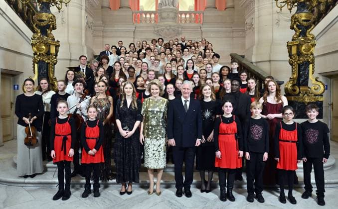 Typh Barrow, Princess Eleonore, Queen Mathilde of Belgium and King Philippe - Filip of Belgium pictured during the yearly Christmas Concert at the Royal Palace in Brussels, Wednesday 17 December 2025.  ERICxLALMAND 149638124