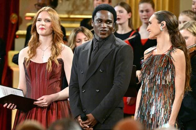 Singer Louise Foor, Singer Francisco Schuster and Singer Thyph Barrow perform at the yearly Christmas Concert at the Royal Palace in Brussels, Wednesday 17 December 2025.  ERICxLALMAND 149642477