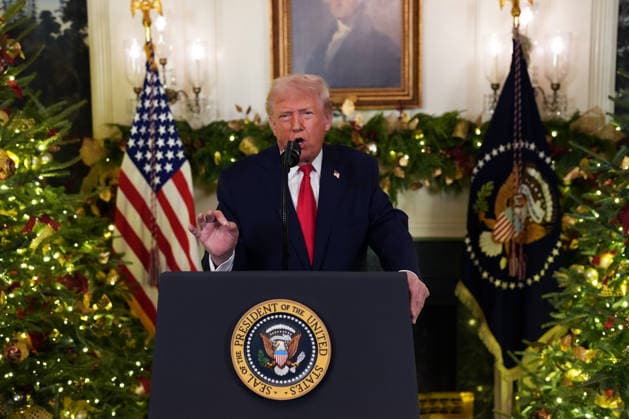 President Donald Trump delivers an address to the nation from the Diplomatic Room of the White House in Washington DC on Wednesday, December 17, 2025. The remarks will highlight the administration™s actions during the past year and outline priorities for 2026, according to the White House. Pool  WAX20251217619 DougxMills ThexNewxYorkxTimes