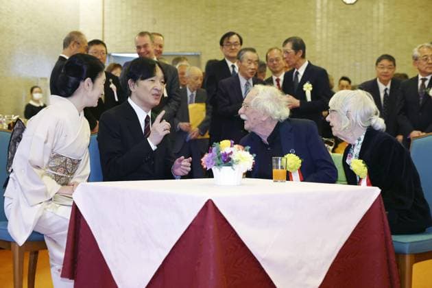 Crown prince at award ceremony Japanese Crown Prince Fumihito and Crown Princess Kiko chat with awardees after an International Prize for Biology award ceremony at the Japan Academy hall in Tokyo on Dec. 17, 2025. (Pool photo)  A14AA0005123377P