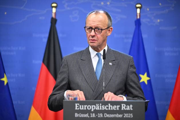 German Chancellor Friedrich Merz holds press conference in Brussels BRUSSELS, BELGIUM - DECEMBER 19: German Chancellor Friedrich Merz, who attended the EU Leaders’ Summit, speaks during a press conference in Brussels, Belgium on December 19, 2025. Dursun Aydemir Anadolu Brussels Belgium. Editorial use only. Please get in touch for any other usage.  Copyright: x2025xAnadoluxDursunxAydemirx