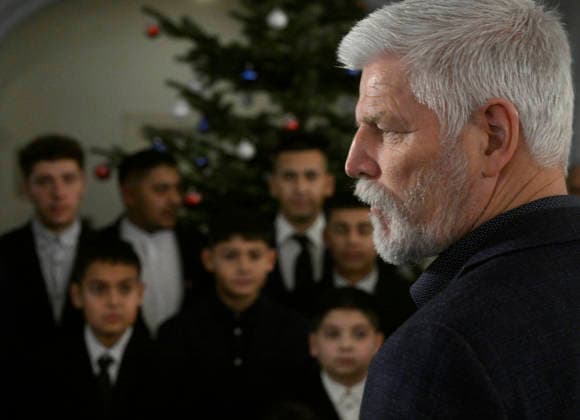 Czech President Petr Pavel (right) and his wife Eva Pavlova receive small footballers of Mongagua club who were recently target of racist offenses by adult fans, at Prague Castle, Czech Republic, on December 19, 2025. (CTKxPhoto MichalxKrumphanzl) CTKPhotoP2025121905539  CTKPhotoP2025121905539