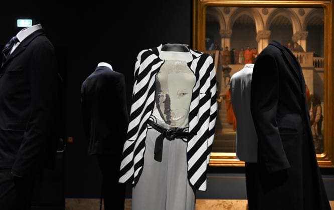 Milan, Italy Giorgio Armani.Milan, for love on display at the Pinacoteca di Brera for the first time an exhibition dedicated to the stylistic journey of Giorgio Armani welcoming a selection of clothes in its prestigious rooms a union of fashion and art In the photo: Giorgio Armani s clothes on display with his portrait  Copyright: xNickxZonnax xipa-agency.netx xNickxZonnax IPA_Agency_IPA69325460
