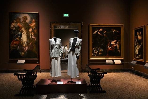 Milan, Italy Giorgio Armani.Milan, for love on display at the Pinacoteca di Brera for the first time an exhibition dedicated to the stylistic journey of Giorgio Armani welcoming a selection of clothes in its prestigious rooms a union of fashion and art In the photo: Giorgio Armani s clothes on display  Copyright: xNickxZonnax xipa-agency.netx xNickxZonnax IPA_Agency_IPA69325600