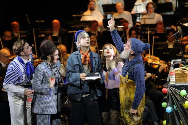 Tobias Joch as Kay , Alma Sade as Chica , Alexander von Hugo as Anatol Brown , Sophia Euskirchen as Virginia West and Hans Gröning as Jonas , f l , during the photo rehearsal for In Frisco ist der Teufel los at the Komische Oper