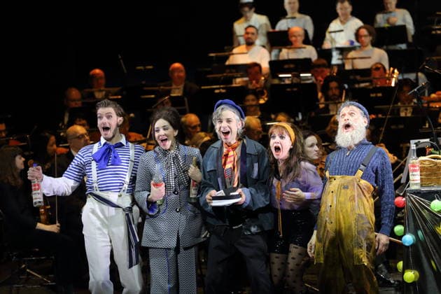 Tobias Joch as Kay , Alma Sade as Chica , Alexander von Hugo as Anatol Brown , Sophia Euskirchen as Virginia West and Hans Gröning as Jonas , f l , during the photo rehearsal for In Frisco ist der Teufel los at the Komische Oper