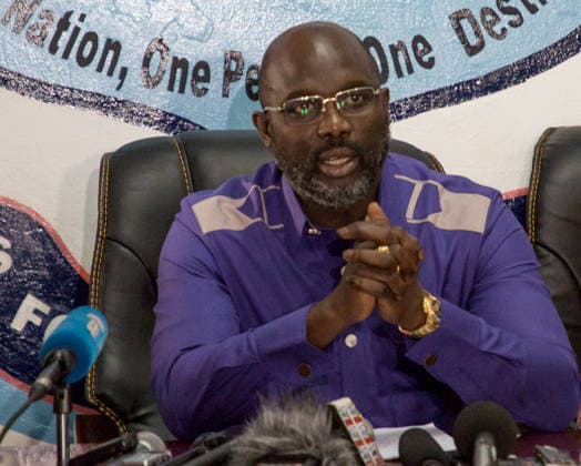President of Liberia George Weah MONROVIA, LIBERIA - DECEMBER 30 : George Weah, President of Liberia addresses journalists during a press conference at Coalition for Democratic Change (CDC) Party s headquarters in Monrovia, Liberia, 30 December 2017. The National Elections Commission (NEC) has declare George Weah as the winner of the run-off presidential elections, succeeding incumbant President Ellen Johnson Sirleaf. Liberia World. Editorial use only. Please get in touch for any other usage.  Copyright: x2025xAnadoluxChongyoonxNahx