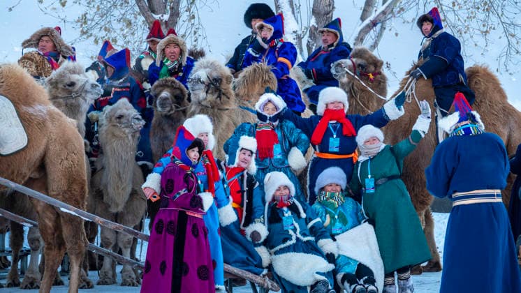 HULUNBUIR, CHINA - DECEMBER 20: Herders in traditional attire attend the 21st Ice and Snow Naadam Festival on December 20, 2025 in Hulunbuir, Inner Mongolia of China. The 21st Ice and Snow Naadam Festival raised its curtain on the frozen Yimin River in Hulunbuir, drawing participants including visitors from Russia, Mongolia and across China.  Copyright: xVCGx 111611270616