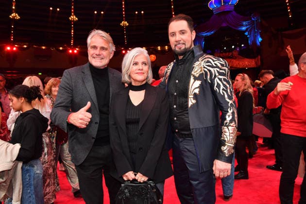 Birgit Schrowange with husband Frank Sporthelfer and Martin Lacey jr Premiere winter season 2025 Circus Krone Ich Du, Wir Krone Manege Kronebau Munich December 25, 2025