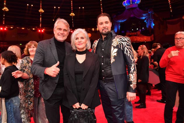 Birgit Schrowange with husband Frank Sporthelfer and Martin Lacey jr Premiere winter season 2025 Circus Krone Ich Du, Wir Krone Manege Kronebau Munich December 25, 2025