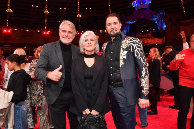 Birgit Schrowange with husband Frank Sporthelfer and Martin Lacey jr Premiere winter season 2025 Circus Krone Ich Du, Wir Krone Manege Kronebau Munich December 25, 2025
