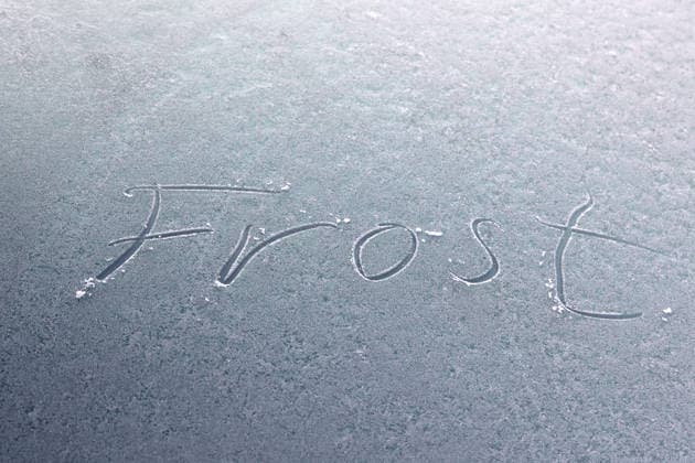 Eiskristalle auf der Scheibe eines Autos Das Wort Frost wurde in das Eis auf einer Autoscheibe geschrieben. *** Ice crystals on the windshield of a car The word frost was written in the ice on a car windshield