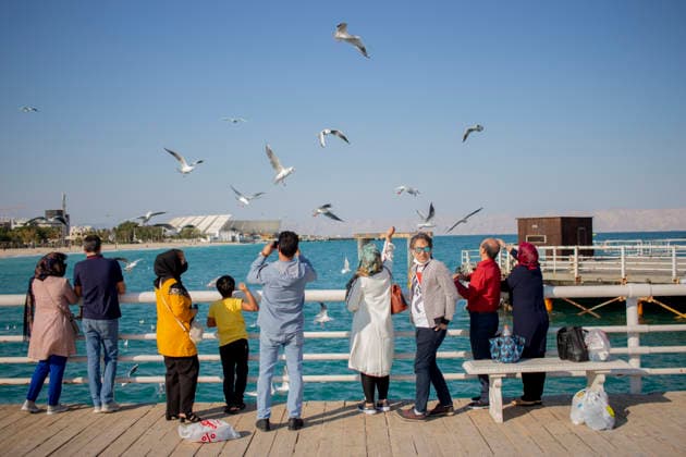 Daily Life on Irans Kish Island People watch seagulls flying over the Persian Gulf from a recreational pier on Kish Island, Iran, on October 17, 2017. Kish Island, a free trade zone in the Persian Gulf, is a tourist destination known for its shopping malls, beaches, and resort hotels. Kish Island Hormozgan Iran Copyright: xArashxOskoeeix