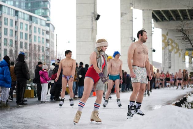 Polar Bear Skate in Toronto TORONTO, CANADA - DECEMBER 28 : People wearing bathing suits take part in the 2025 Toronto Polar Bear Skate on the Bentway’s outdoor ice trail in Toronto, Ontario on December 28, 2025. Mert Alper Dervis Anadolu Toronto Canada. Editorial use only. Please get in touch for any other usage.  Copyright: x2025xAnadoluxMertxAlperxDervisx