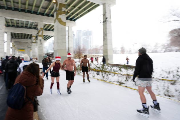 Polar Bear Skate in Toronto TORONTO, CANADA - DECEMBER 28 : People wearing bathing suits take part in the 2025 Toronto Polar Bear Skate on the Bentway’s outdoor ice trail in Toronto, Ontario on December 28, 2025. Mert Alper Dervis Anadolu Toronto Canada. Editorial use only. Please get in touch for any other usage.  Copyright: x2025xAnadoluxMertxAlperxDervisx