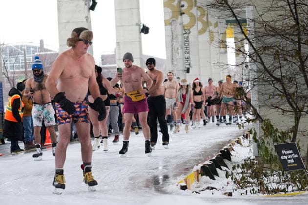 Polar Bear Skate in Toronto TORONTO, CANADA - DECEMBER 28 : People wearing bathing suits take part in the 2025 Toronto Polar Bear Skate on the Bentway’s outdoor ice trail in Toronto, Ontario on December 28, 2025. Mert Alper Dervis Anadolu Toronto Canada. Editorial use only. Please get in touch for any other usage.  Copyright: x2025xAnadoluxMertxAlperxDervisx