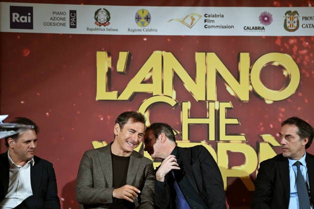 December 30, 2025, Catanzaro, Catanzaro, Italy: Press conference for the presentation of RAI s New Year s Eve program, L anno che verro , at the S. Giovanni Complex, Catanzaro. Pictured: From left: Williams Di Liberatore, Prime Time Entertainment Director; Marco Liorni, host; Roberto Occhiuto, President of the Calabria Region; Nicola Fiorita, Mayor of Catanzaro Catanzaro, Italy 30 December 2025 Catanzaro Italy - ZUMAa289 20251230_zia_a289_076 Copyright: xValeriaxFerrarox