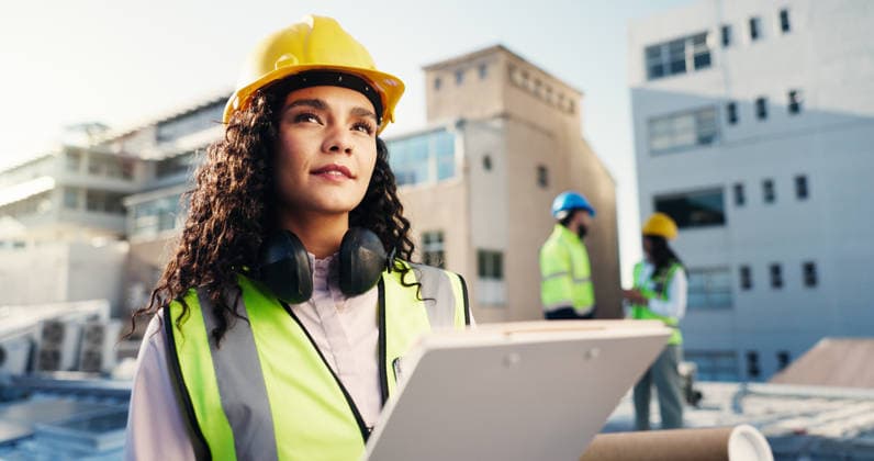 Thinking, clipboard and engineer with woman on rooftop for building inspection, checklist and idea. Safety regulations, architecture report and vision with person on construction site for blueprint Thinking, clipboard and engineer with woman on rooftop for building inspection, checklist and idea. Safety regulations, architecture report and vision with person on construction site for blueprint., model released, , 97869578.jpg RECORD DATE NOT STATED