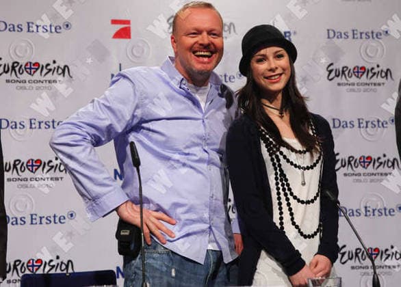 Lena Meyer-Landrut und Stefan Raab geben Pressekonferenz in Koeln Stefan Raab and Lena Meyer-Landrut, the winner of the Eurovision Song Contest 2010, at a press conference at Brainpool TV studios in Muelheim., Cologne, Germany WENN 8612456.jpg