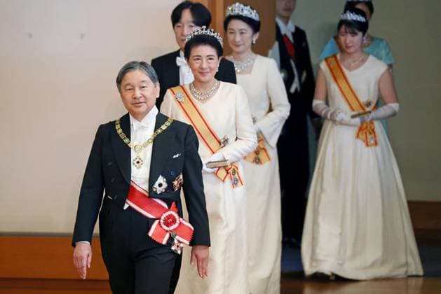 New Year ceremony attended by Japan s imperial family Japanese Emperor Naruhito (front), Empress Masako (behind him) and other imperial family members attend a New Year s ceremony at the Imperial Palace in Tokyo on Jan. 1, 2026. (Pool photo)  A14AA0005145930P